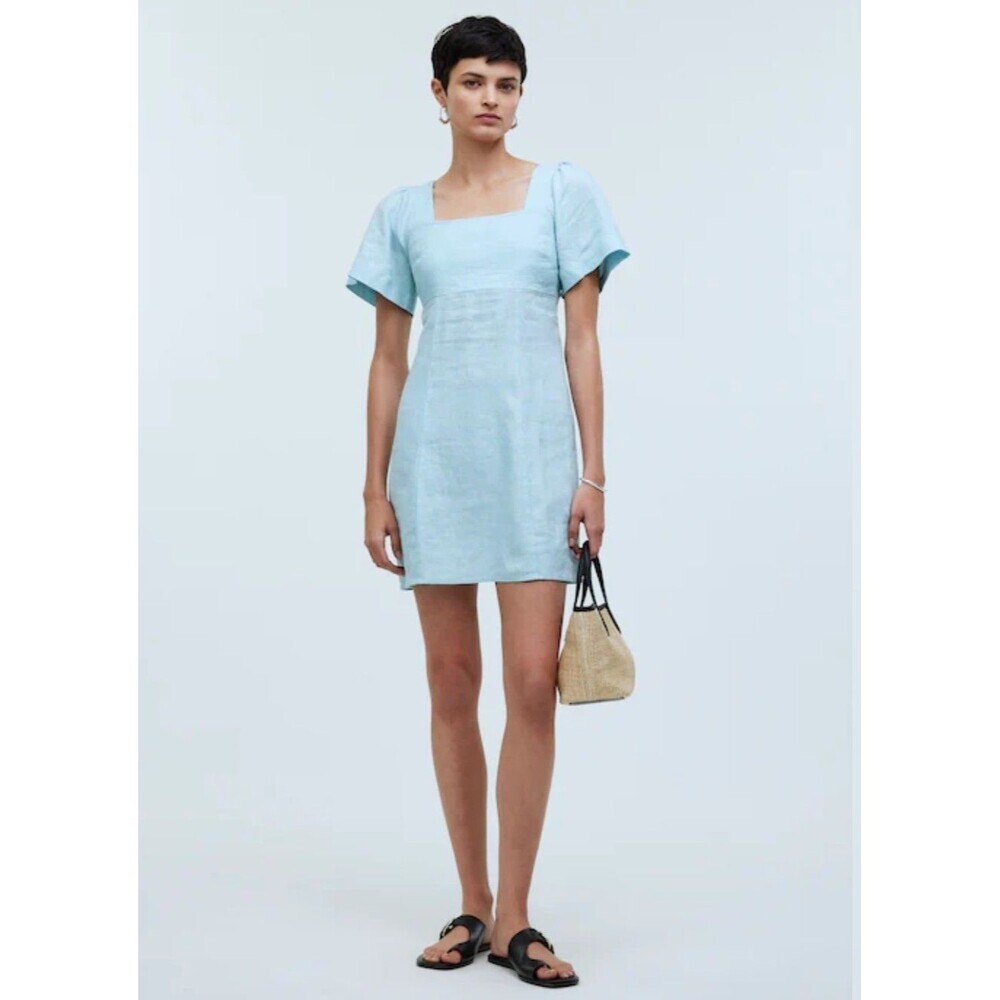 Madewell 100% Linen Squaren Neck Mini Dress Blue Heron Womens Size 16W